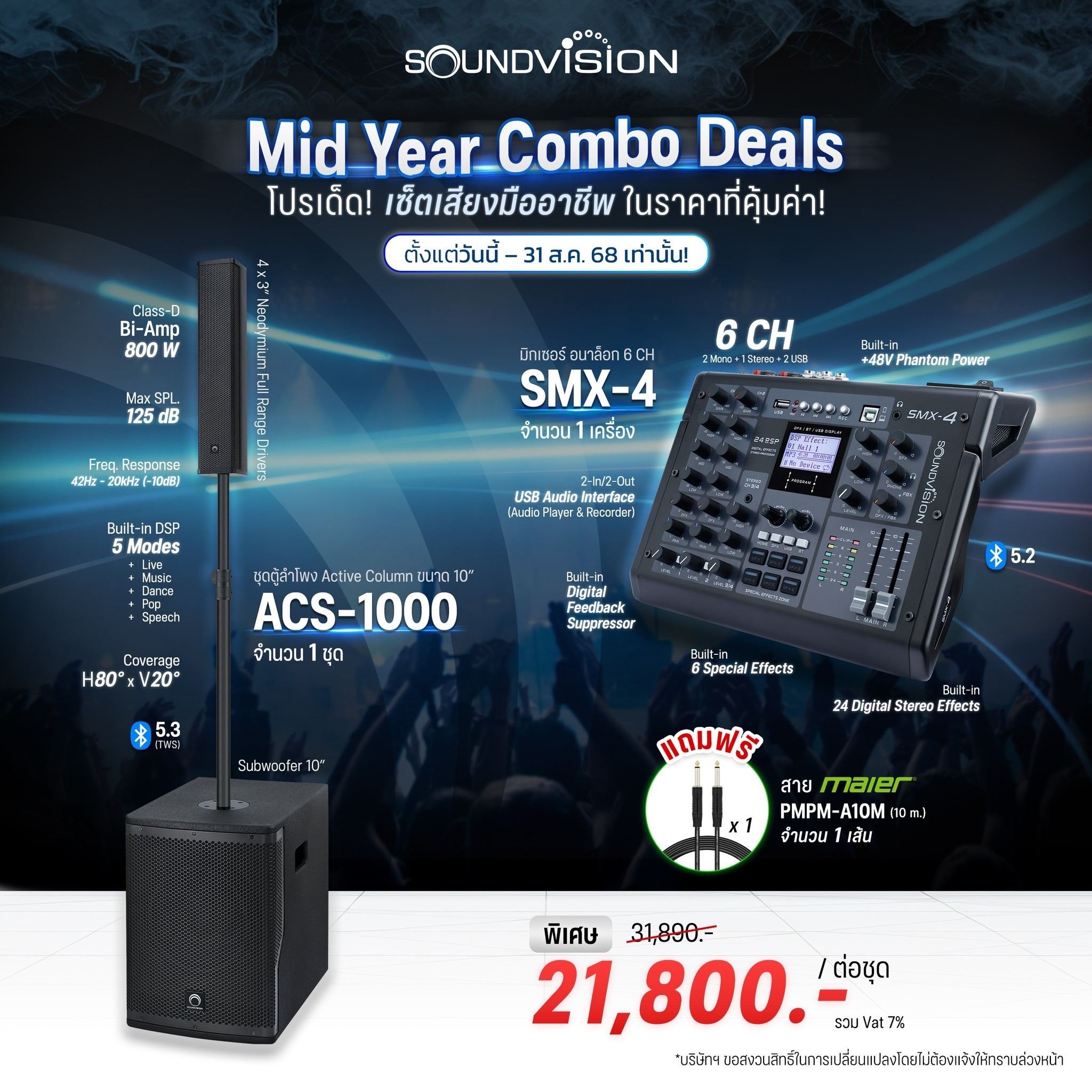 Soundvision ACS 1000 ລຳໂພງຄໍລ້ຳ Active 4×3 ນິວ ຊັບ 10 ນິ້ວ ຄວາມດັງ 125 dB Bluetooth 5.3