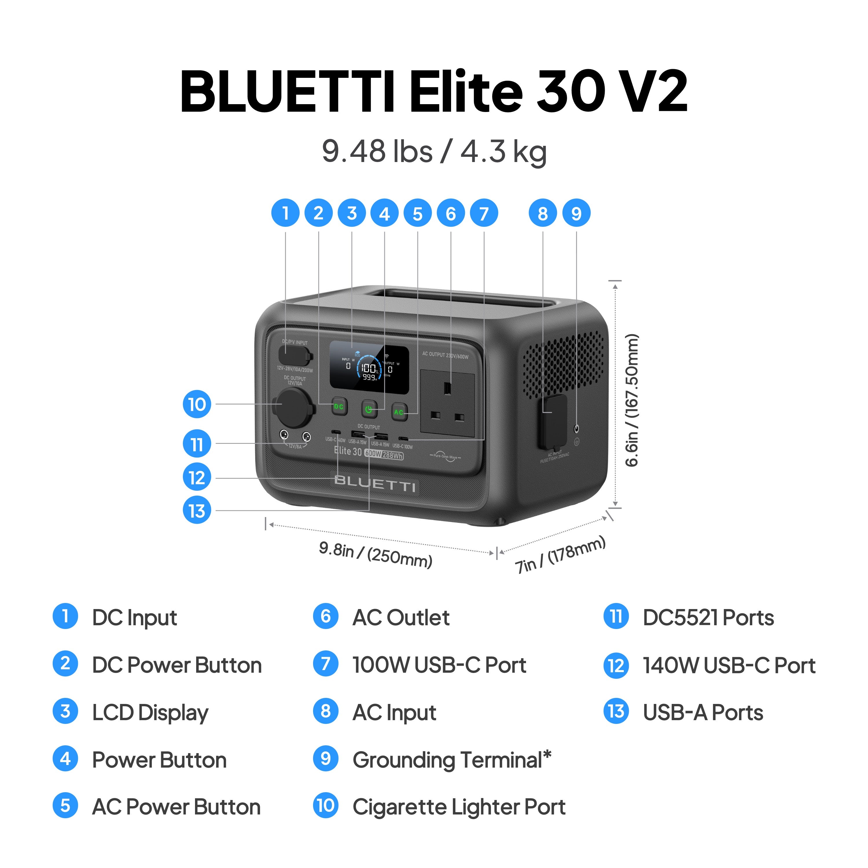 BLUETTI Elite 30 V2 Portable Power Station | 600W 288Wh Glacier